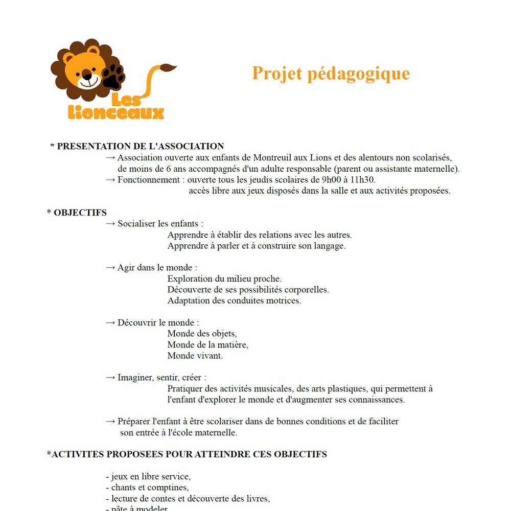 Les Lionceaux - Montreuil aux Lions - projet pédagogique